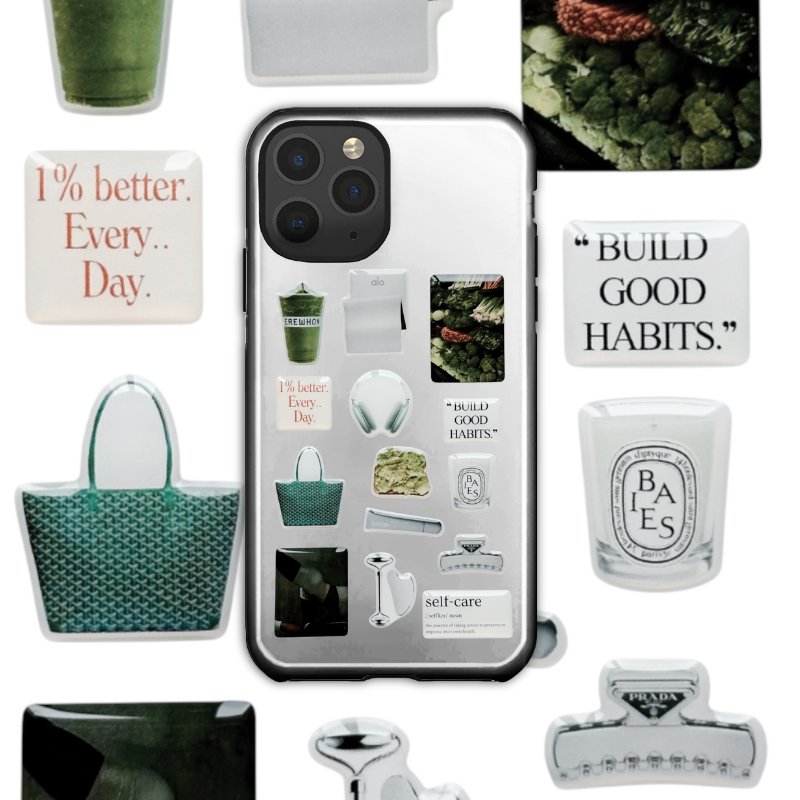 14 stickers 3D pour cultiver une vie saine et alignée. Affirmations bien-être, tons verts doux & mindset 1% better every day.