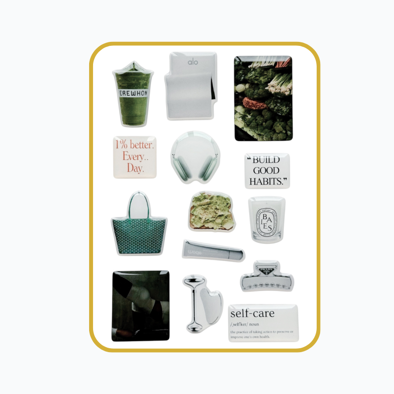 14 stickers 3D pour cultiver une vie saine et alignée. Affirmations bien-être, tons verts doux & mindset 1% better every day.